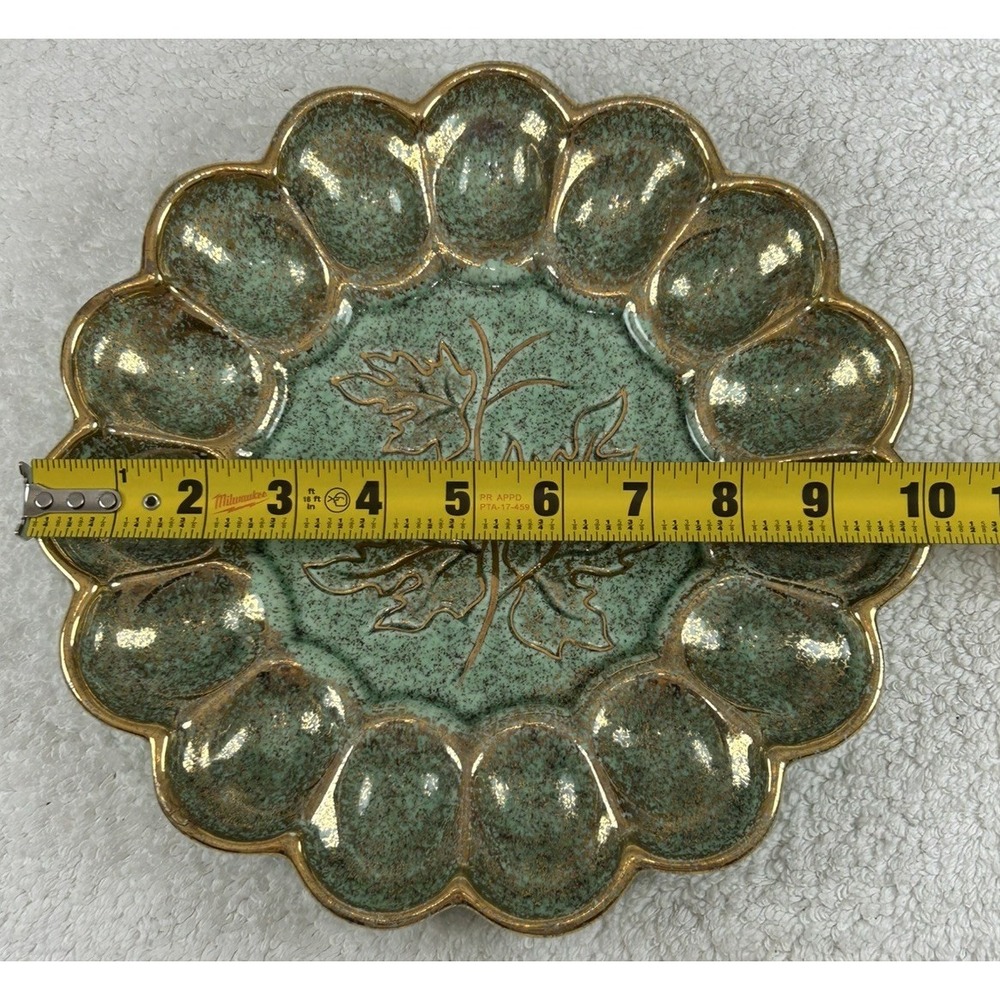 Vtg California Original Pottery 703 Egg Dish Green w/Gold Splatter Leaf **READ** - Picture 5 of 11